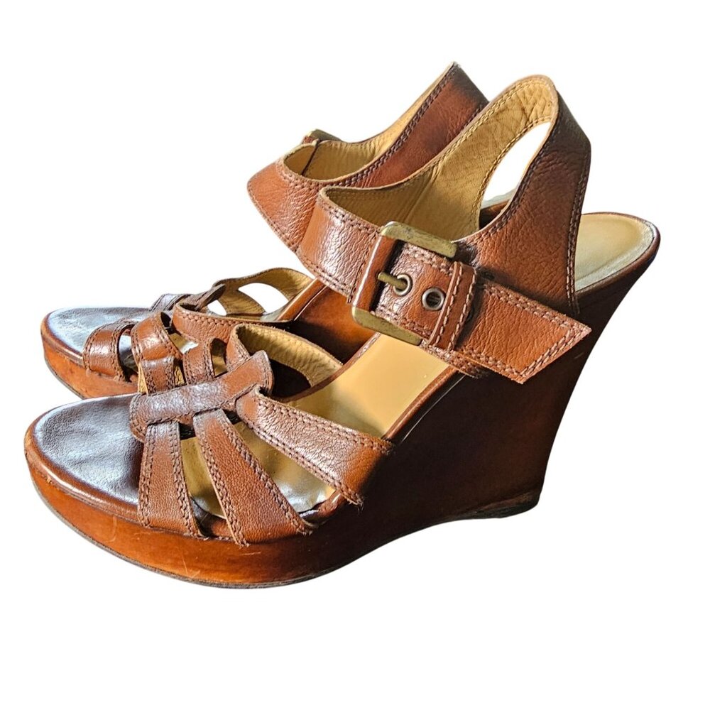 Brown Leather Wedge Sandals Adjustable Strap Peep-Toe Design For Women Sz 9.5